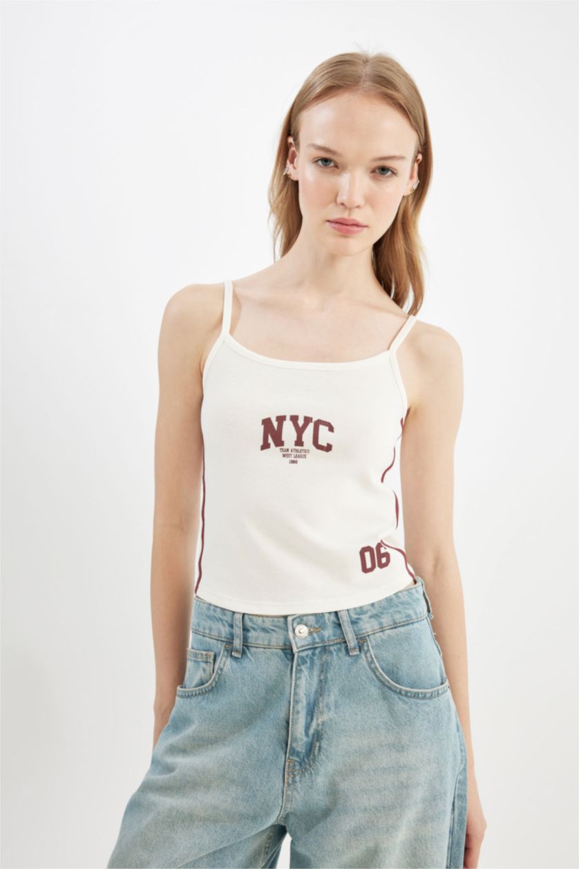 WOMAN White Fitted Printed Ribbed Tank Top