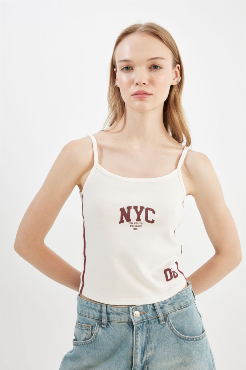 WOMAN White Fitted Printed Ribbed Tank Top