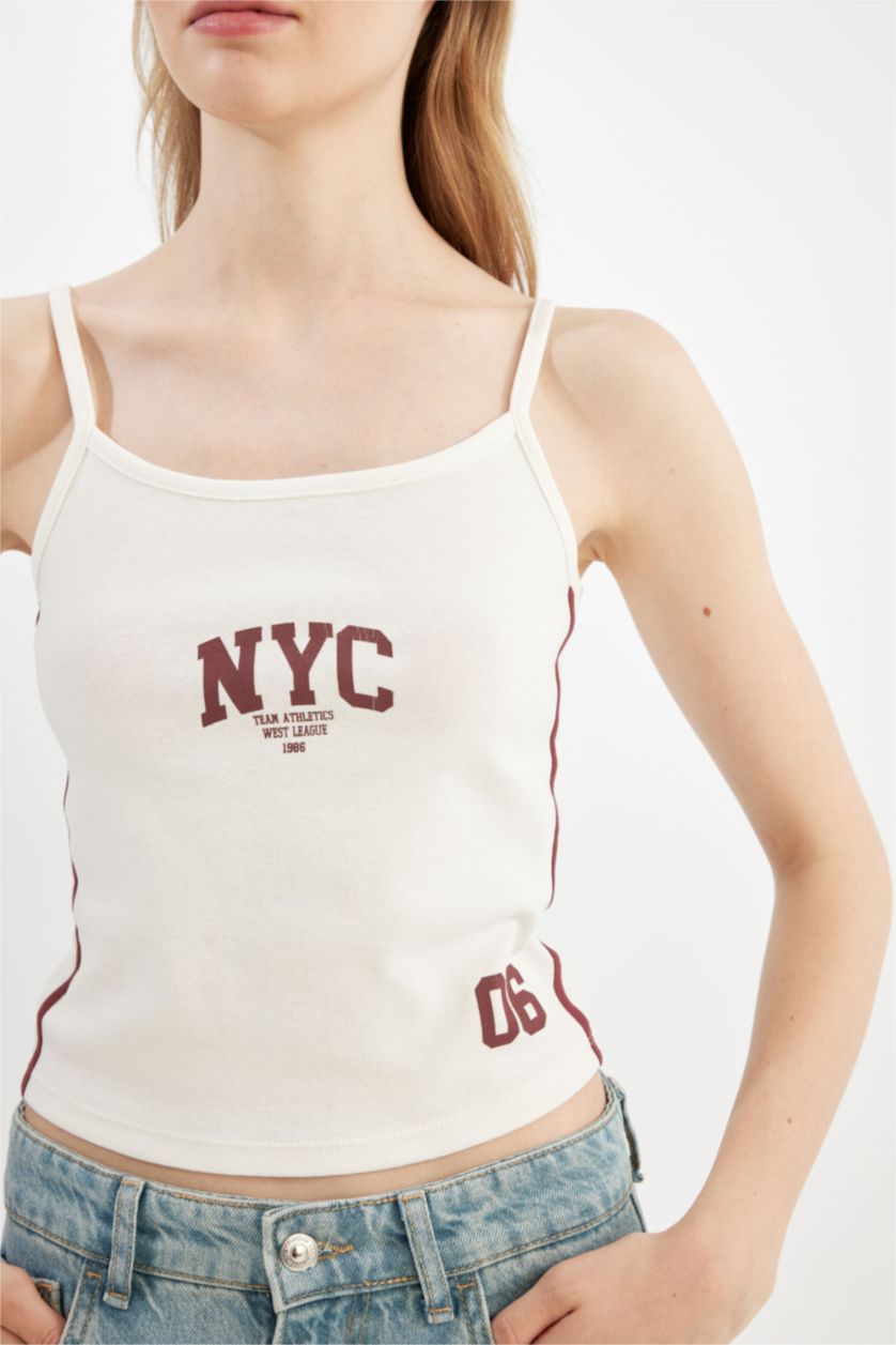 WOMAN White Fitted Printed Ribbed Tank Top