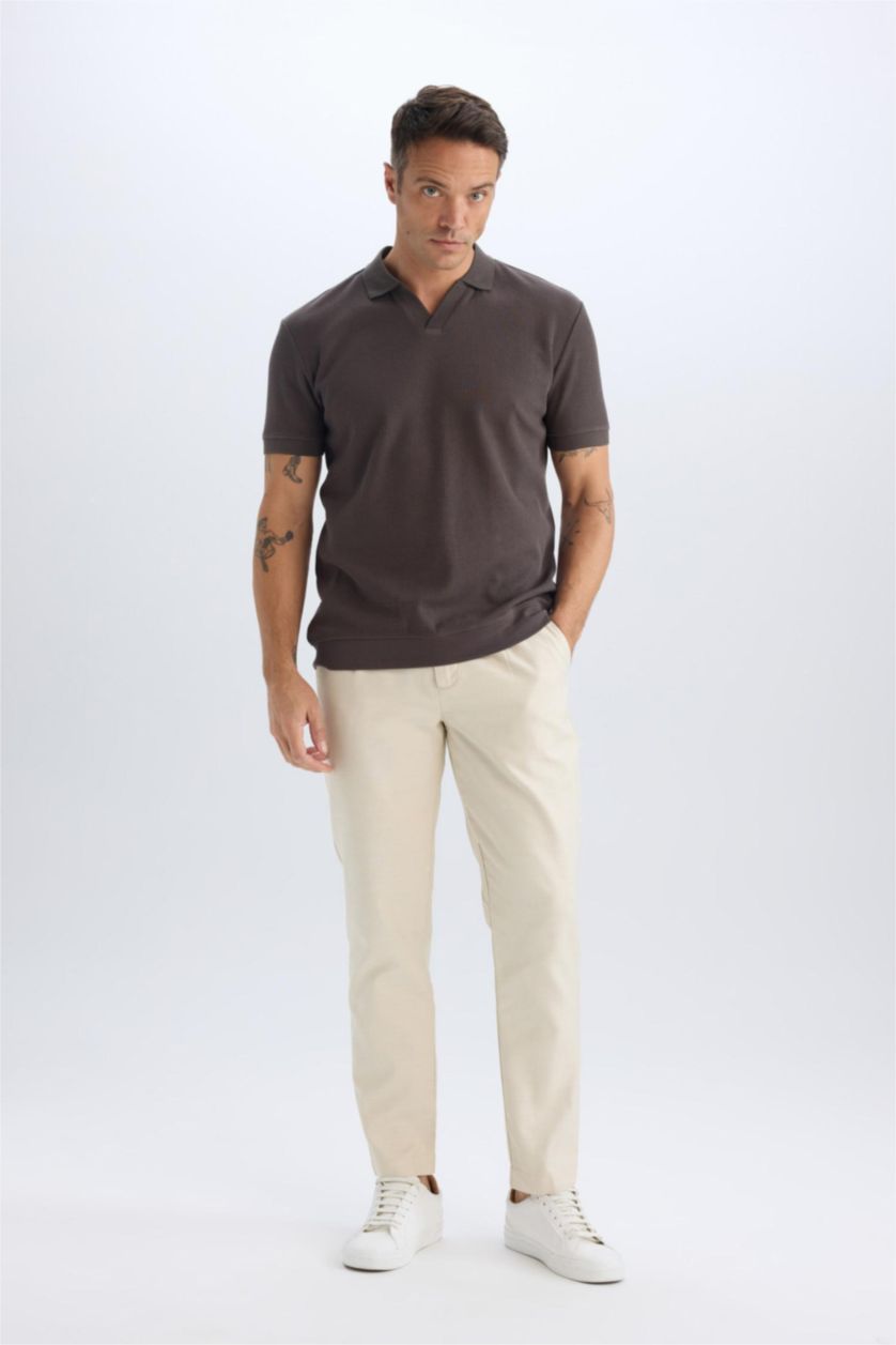 Man Beige Relax Fit Straight Leg Cotton Summer Fabric Trousers