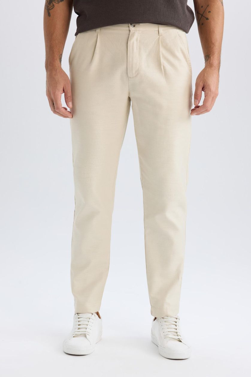 Man Beige Relax Fit Straight Leg Cotton Summer Fabric Trousers