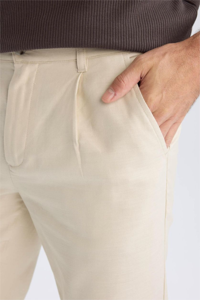 Man Beige Relax Fit Straight Leg Cotton Summer Fabric Trousers