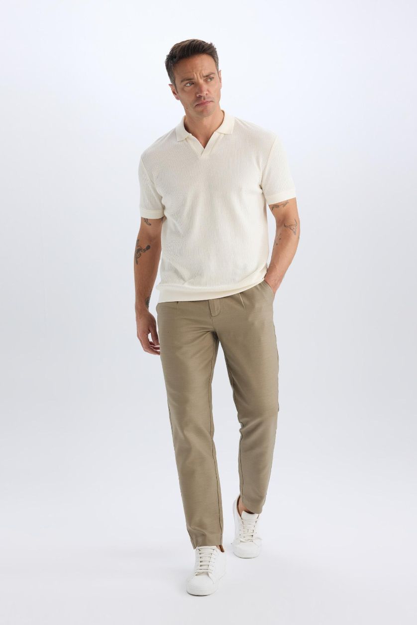 Man Beige Relax Fit Straight Leg Cotton Summer Fabric Trousers