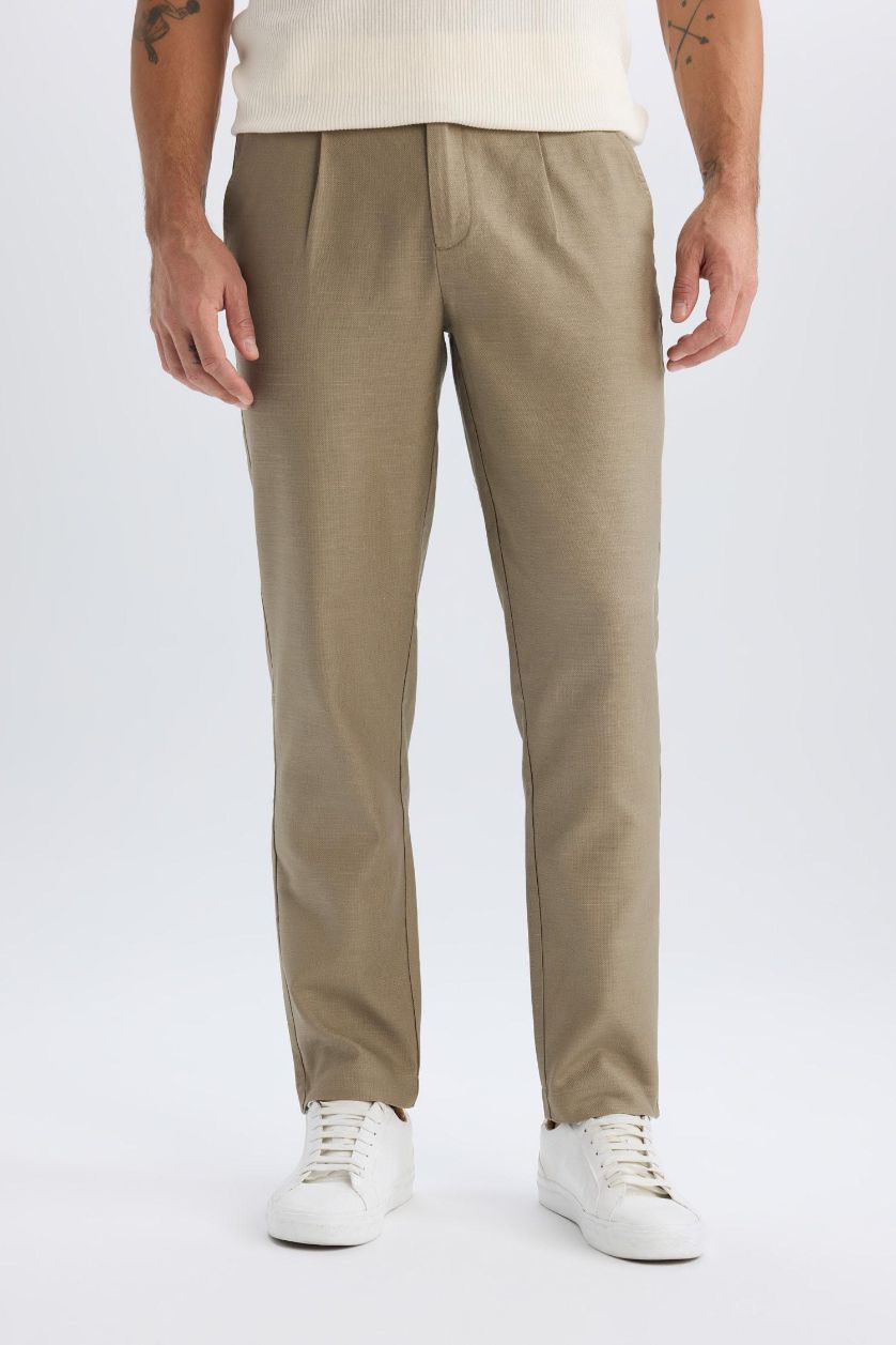 Man Beige Relax Fit Straight Leg Cotton Summer Fabric Trousers