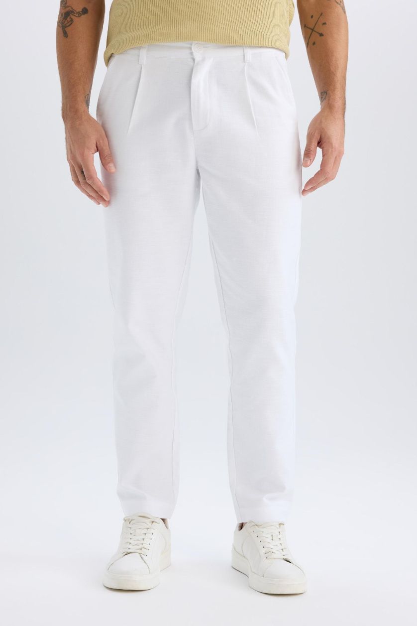 Man White Relax Fit Straight Leg Cotton Summer Fabric White Trousers