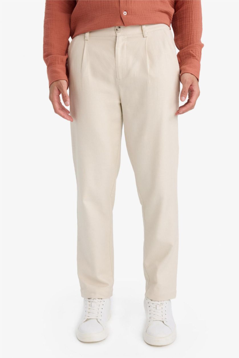 Man Beige Regular Fit Straight Leg Cotton Trousers