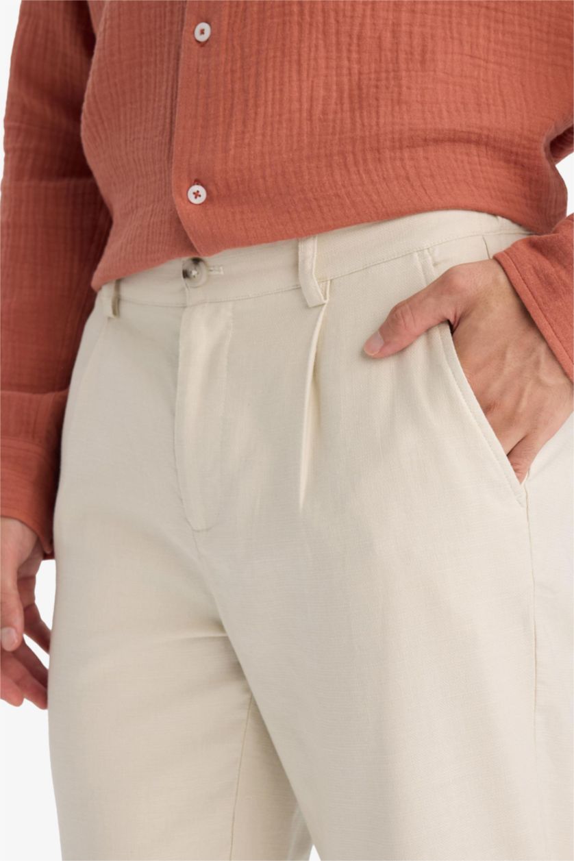 Man Beige Regular Fit Straight Leg Cotton Trousers