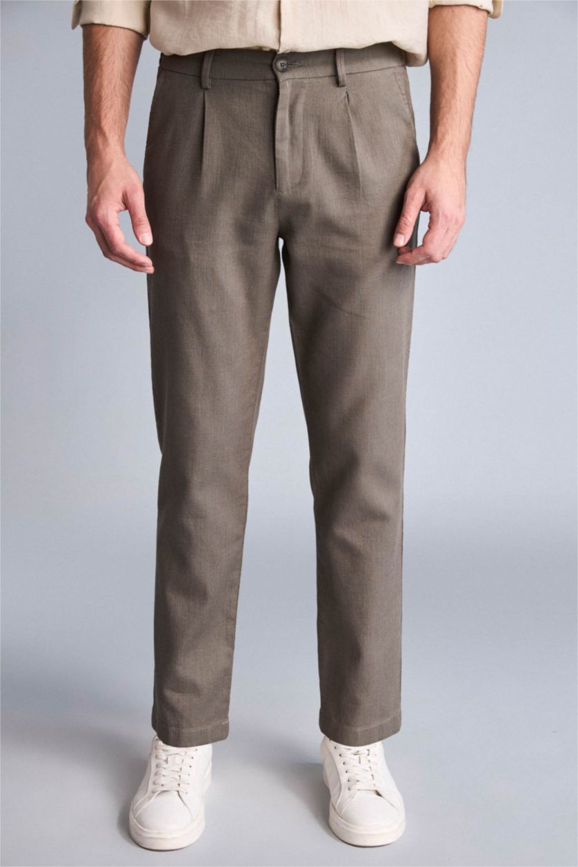 Man Khaki Regular Fit Straight Leg Cotton Trousers