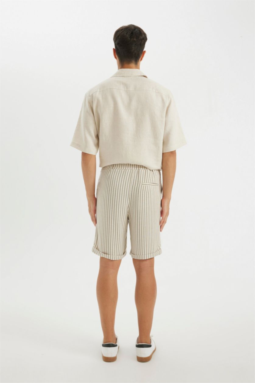 Erkek Bej Melanj Keten Karışımlı Yazlık Bermuda Şort