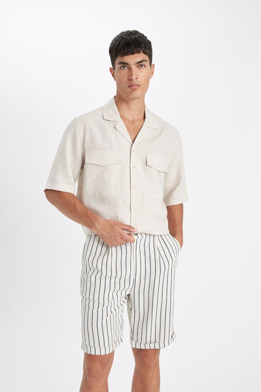 Erkek Bej Melanj Keten Karışımlı Yazlık Bermuda Şort