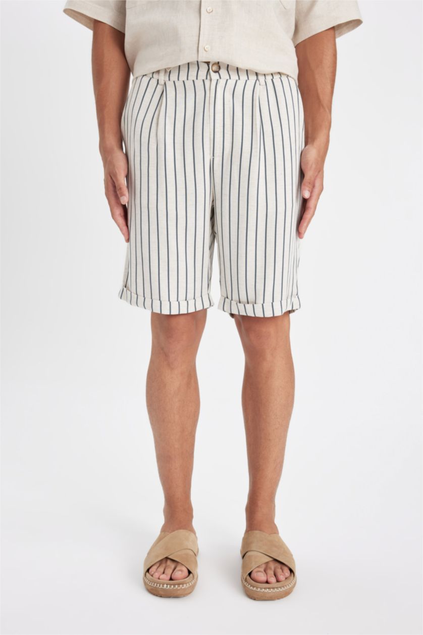 Erkek Bej Melanj Keten Karışımlı Yazlık Bermuda Şort