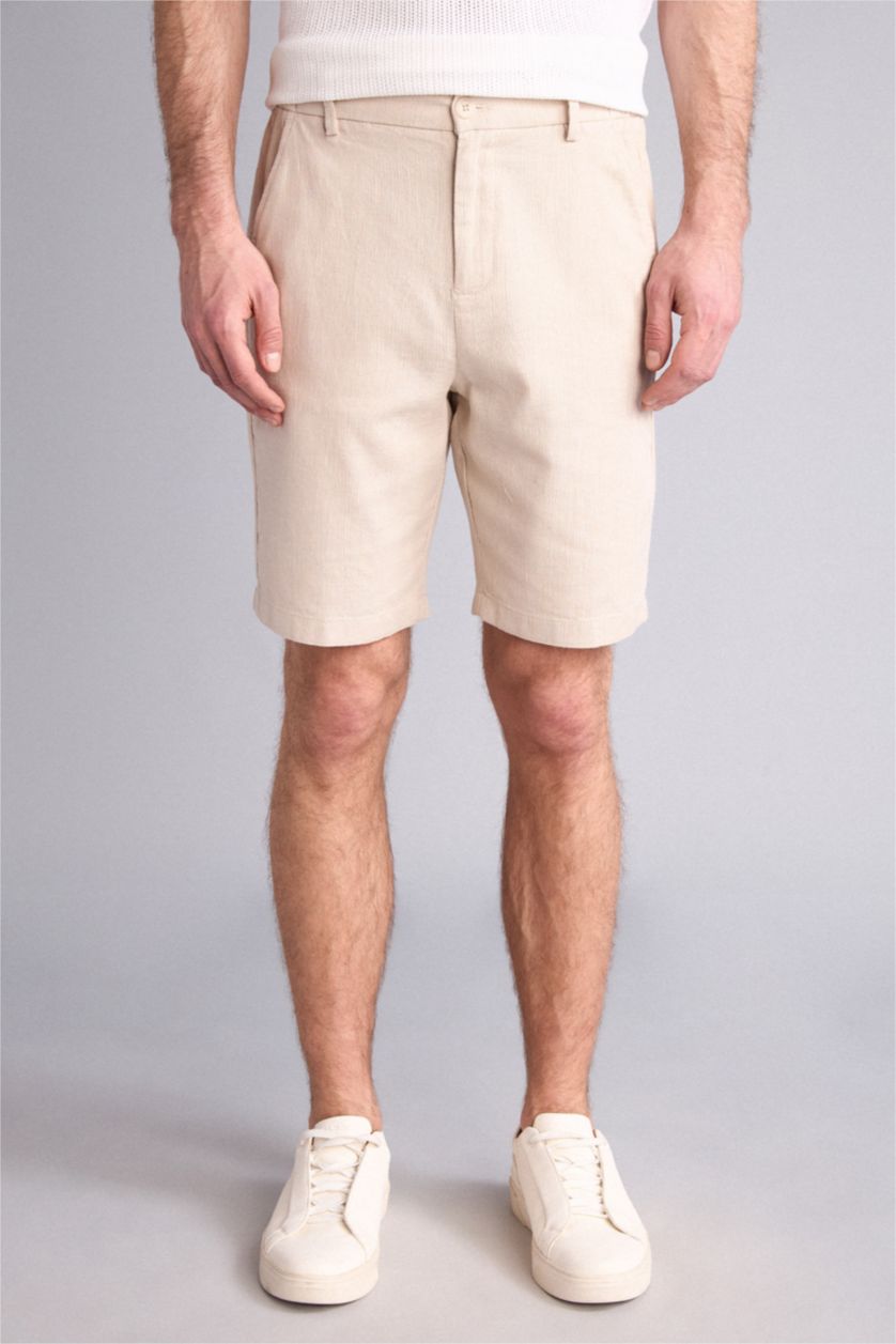 Erkek Bej Regular Fıt Pamuklu Bermuda