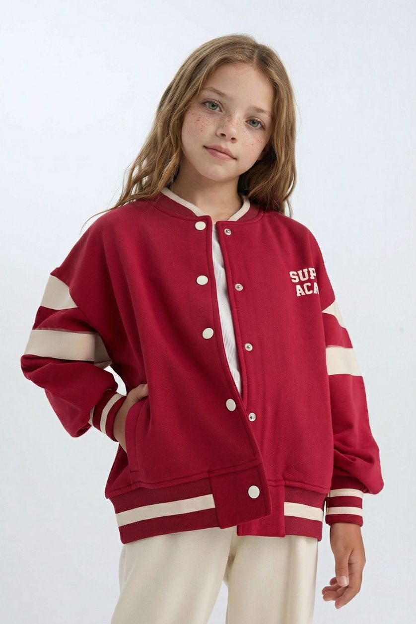 Kız Çocuk - Genç Kız Bordo Kolej Yaka Baskılı Çıtçıtlı İçi Yumuşak Tüylü Bomber Okul Hırkası Kız Çocuk