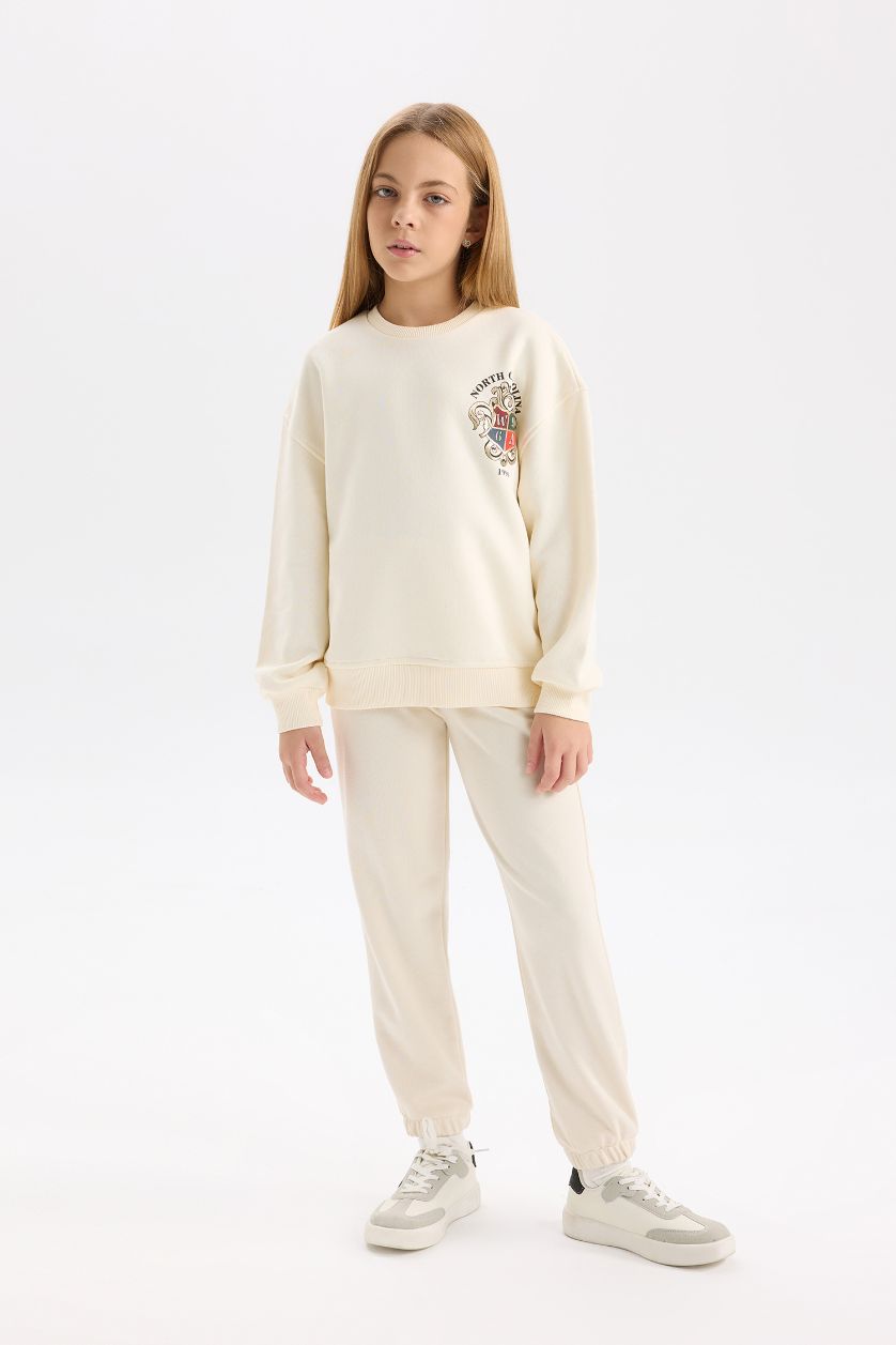 GIRLS & TEENS Ecru Girl Relax Fit Crew Neck Printed Soft Furry Inside Sweatshirt