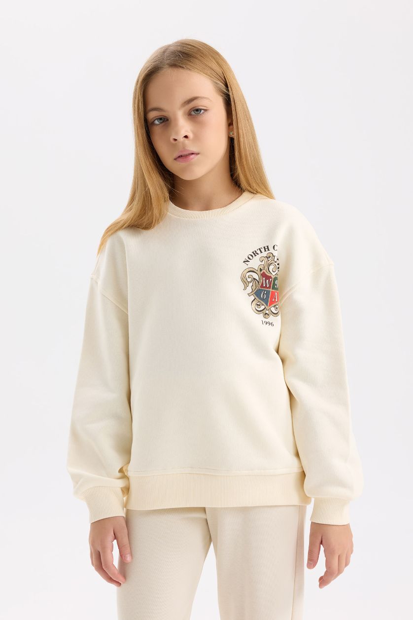 GIRLS & TEENS Ecru Girl Relax Fit Crew Neck Printed Soft Furry Inside Sweatshirt