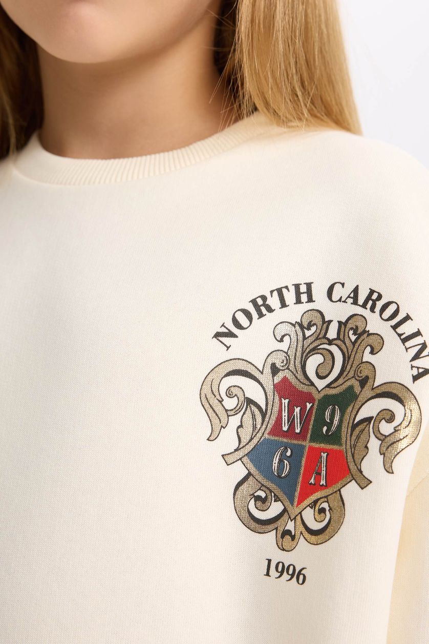 GIRLS & TEENS Ecru Girl Relax Fit Crew Neck Printed Soft Furry Inside Sweatshirt