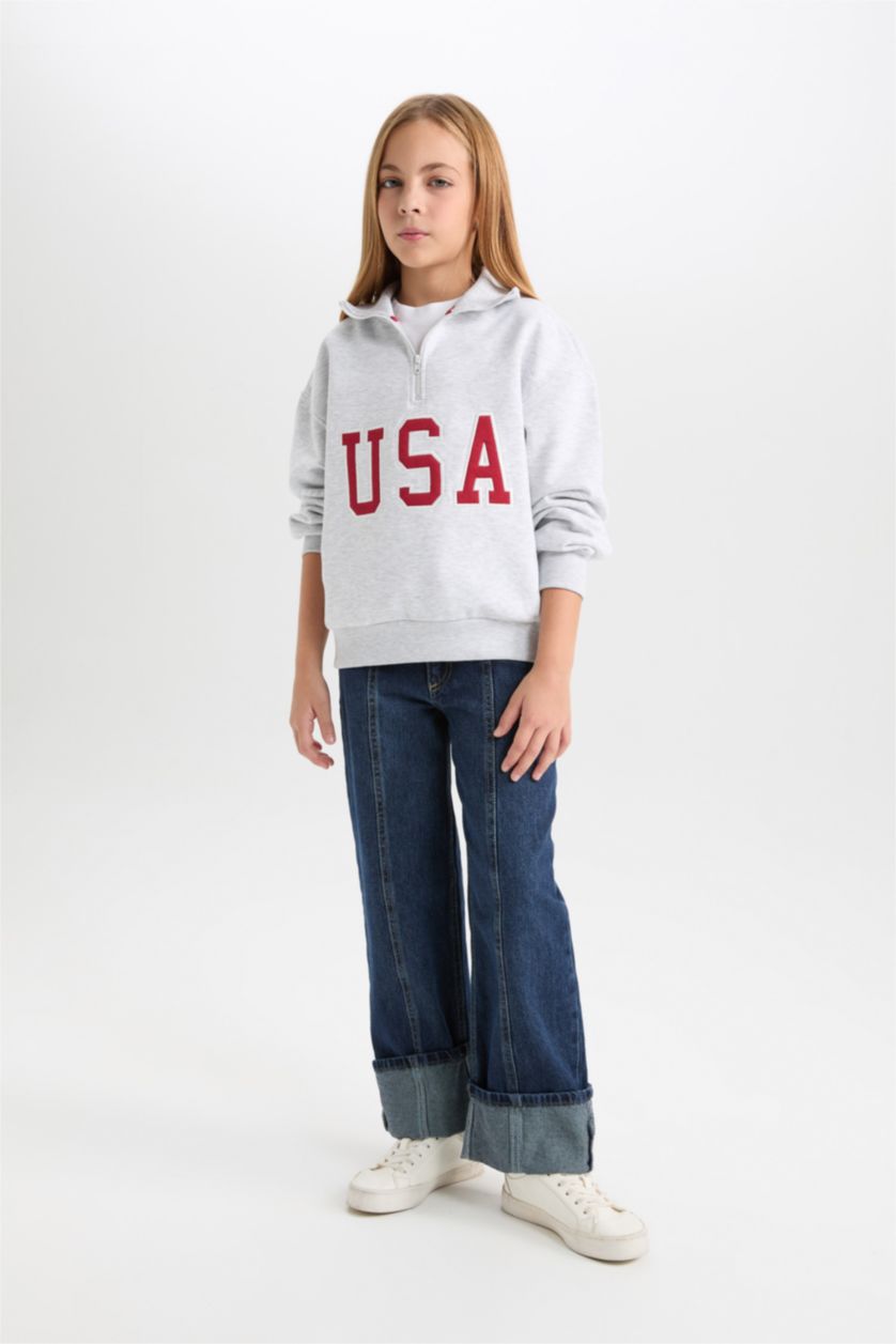 Kız Çocuk - Genç Kız Açık Gri Melange Kız Çocuk Relax Fit Yarım Fermuarlı Baskılı İçi Yumuşak Tüylü Okul Sweatshirt