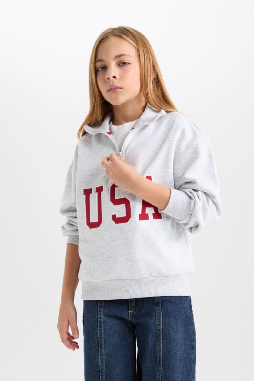 Kız Çocuk - Genç Kız Açık Gri Melange Kız Çocuk Relax Fit Yarım Fermuarlı Baskılı İçi Yumuşak Tüylü Okul Sweatshirt