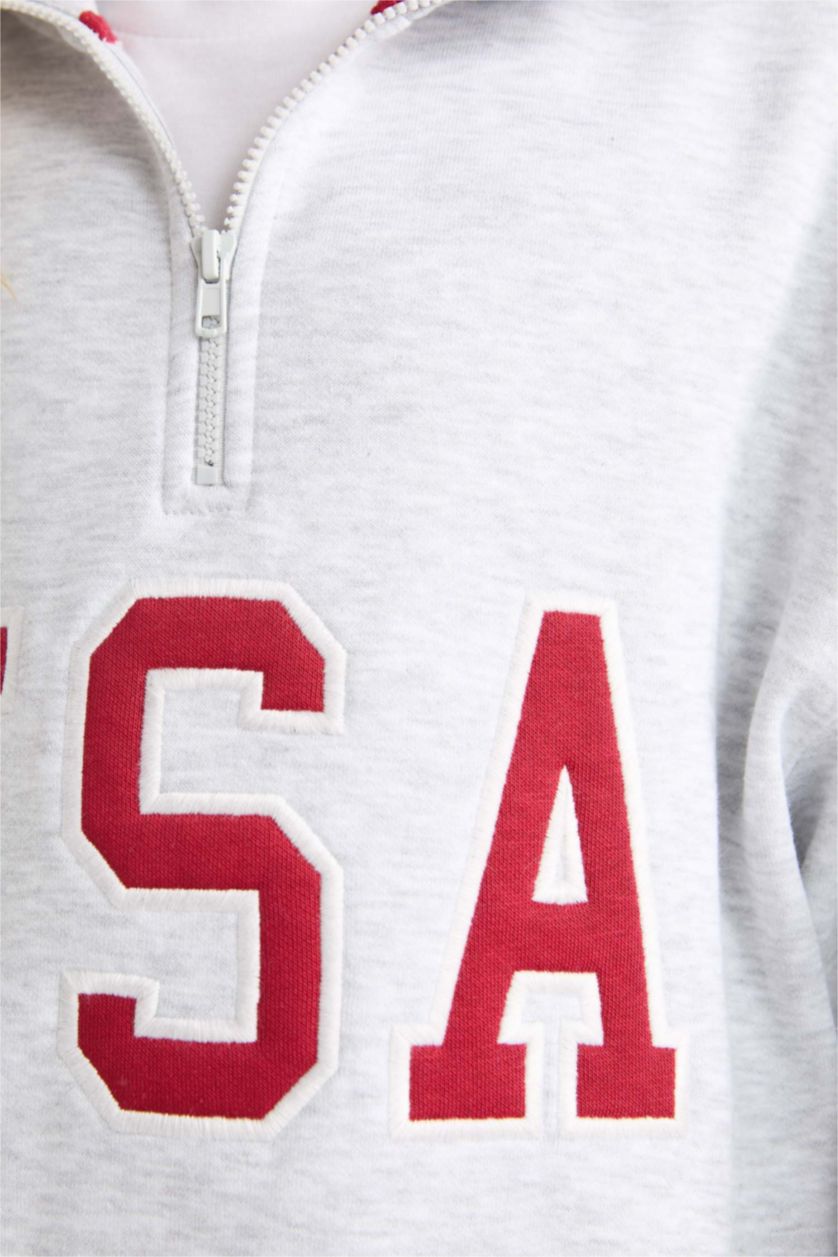 Kız Çocuk - Genç Kız Açık Gri Melange Kız Çocuk Relax Fit Yarım Fermuarlı Baskılı İçi Yumuşak Tüylü Okul Sweatshirt