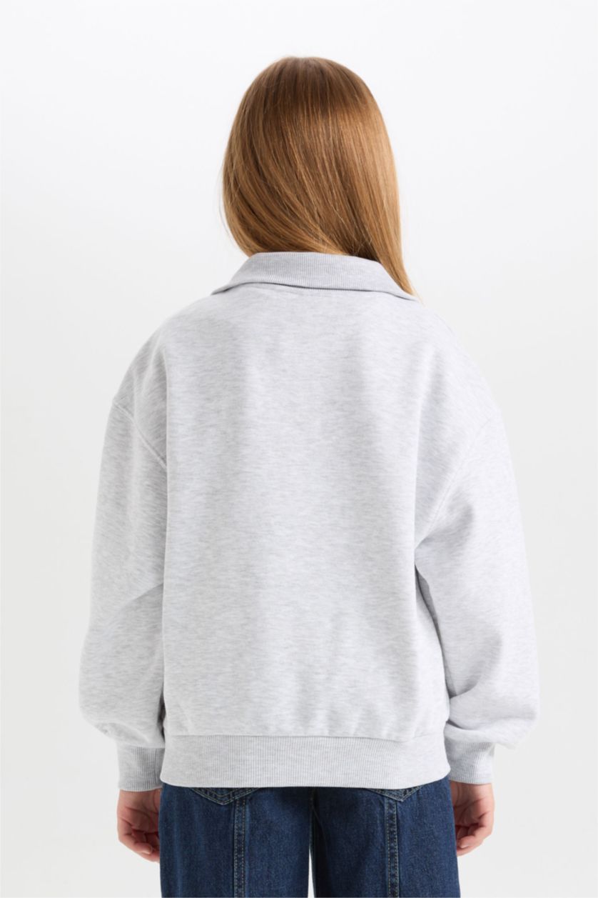 Kız Çocuk - Genç Kız Açık Gri Melange Kız Çocuk Relax Fit Yarım Fermuarlı Baskılı İçi Yumuşak Tüylü Okul Sweatshirt