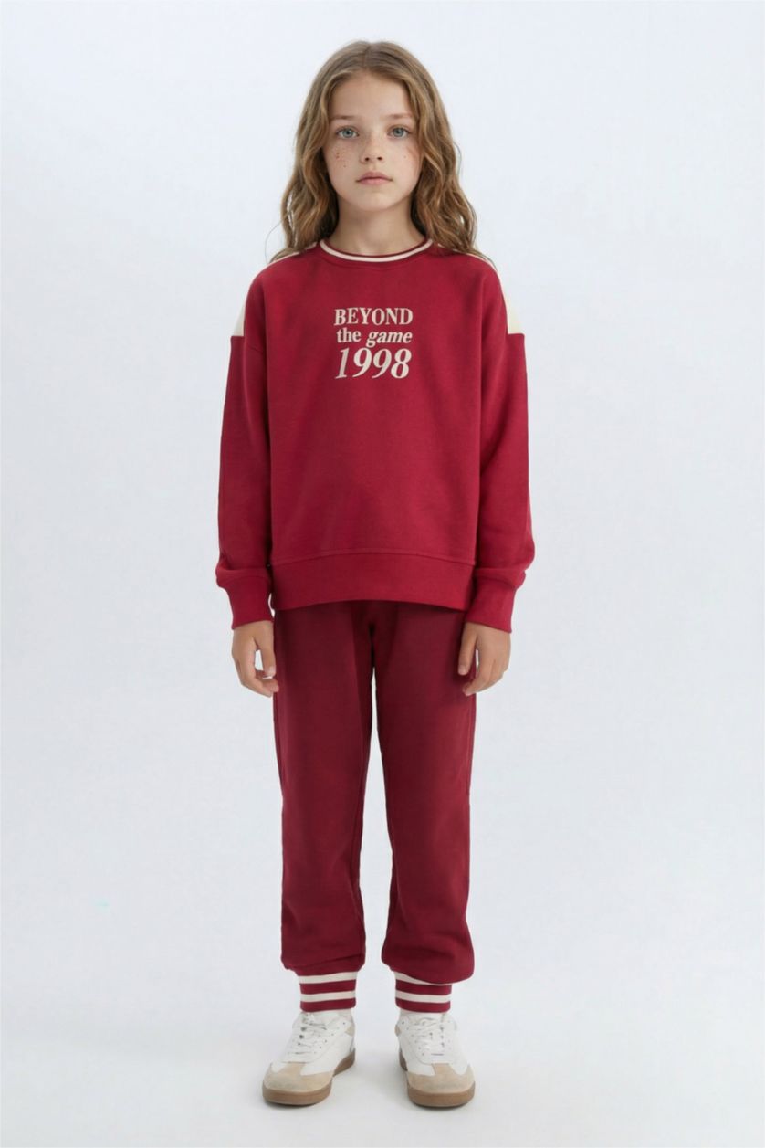 Kız Çocuk - Genç Kız Bordo Relax Fit Bisiklet Yaka Baskılı İçi Yumuşak Tüylü Okul Sweatshirt Kız Çocuk