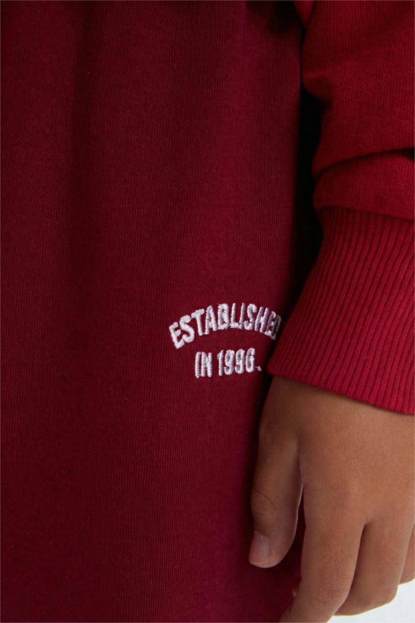 Kız Çocuk - Genç Kız Bordo Relax Fit Bisiklet Yaka Baskılı İçi Yumuşak Tüylü Okul Sweatshirt Kız Çocuk