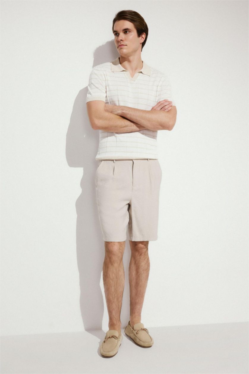 MAN Beige Melange Regular Fit Straight Leg Linen Blend Bermuda Shorts