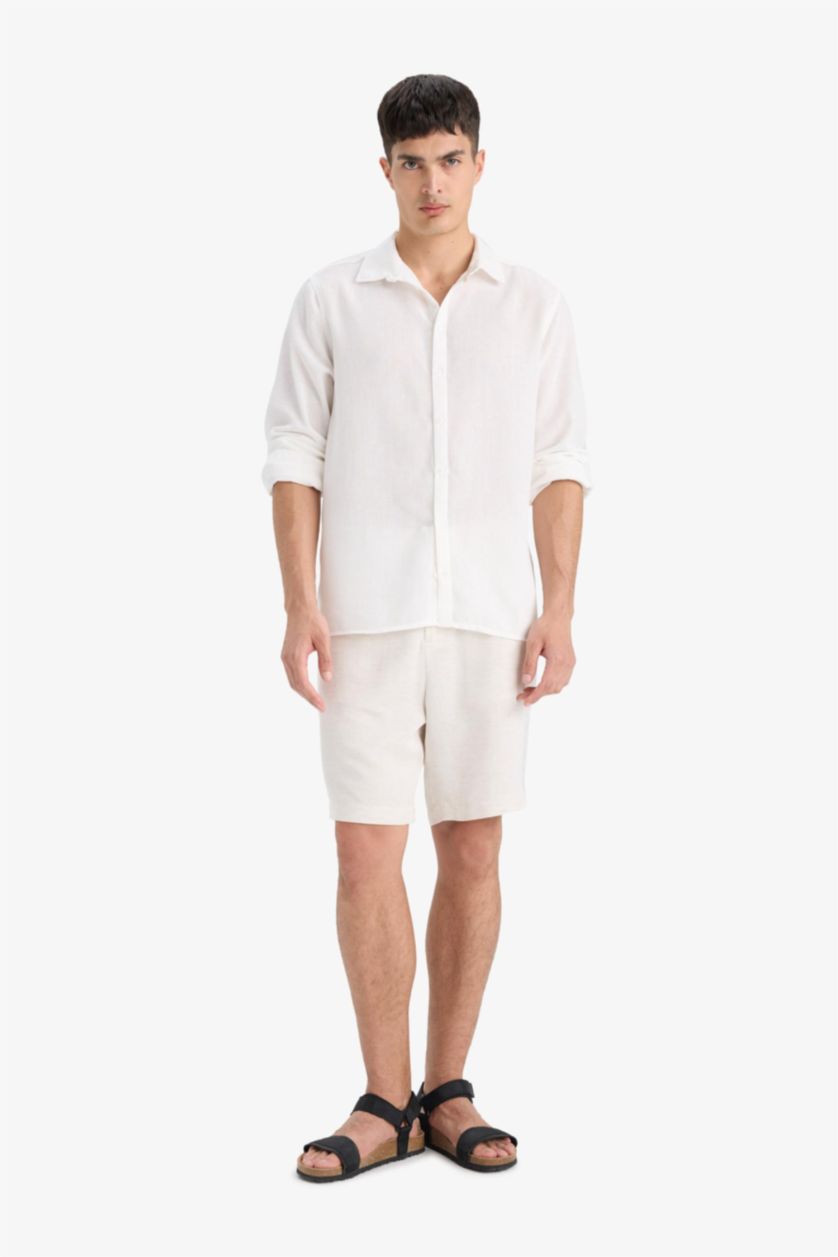MAN Beige Melange Regular Fit Straight Leg Linen Blend Bermuda Shorts