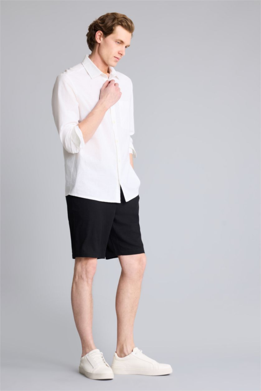 HOMME Noir Short droit en lin mélangé Coupe régulière