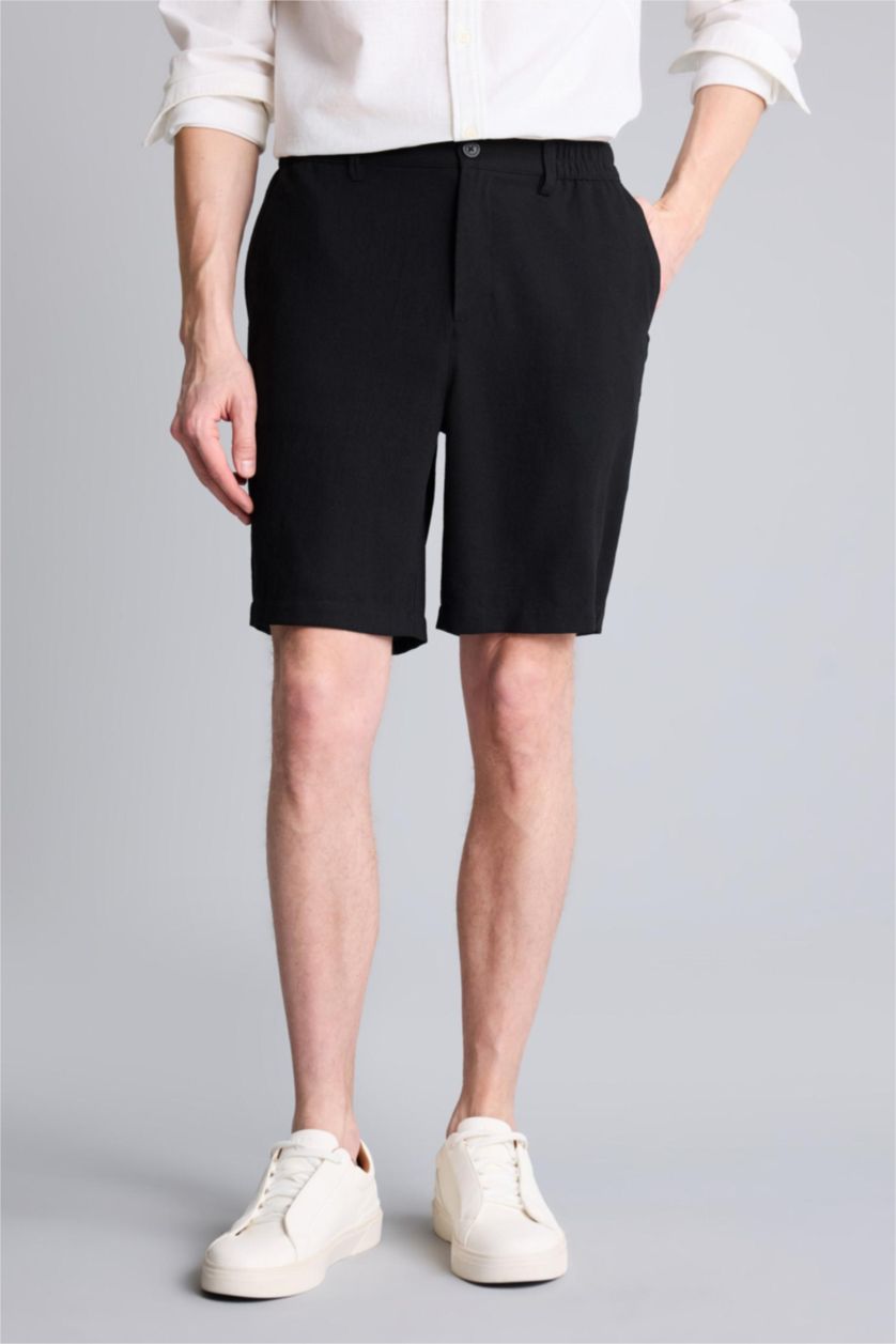 Men Black Regular Fit Linen Blended Bermuda Shorts