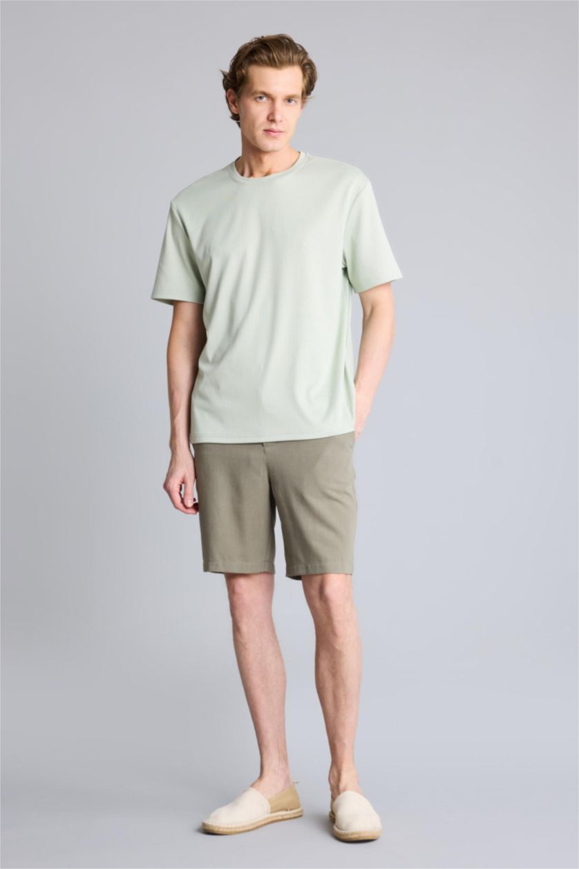 MAN Khaki Regular Fit Linen Blended Bermuda Shorts