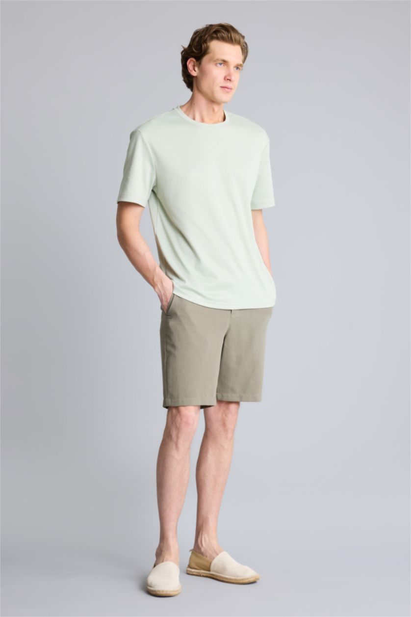 MAN Khaki Regular Fit Linen Blended Bermuda Shorts