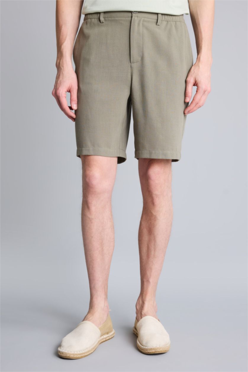 MAN Khaki Regular Fit Linen Blended Bermuda Shorts