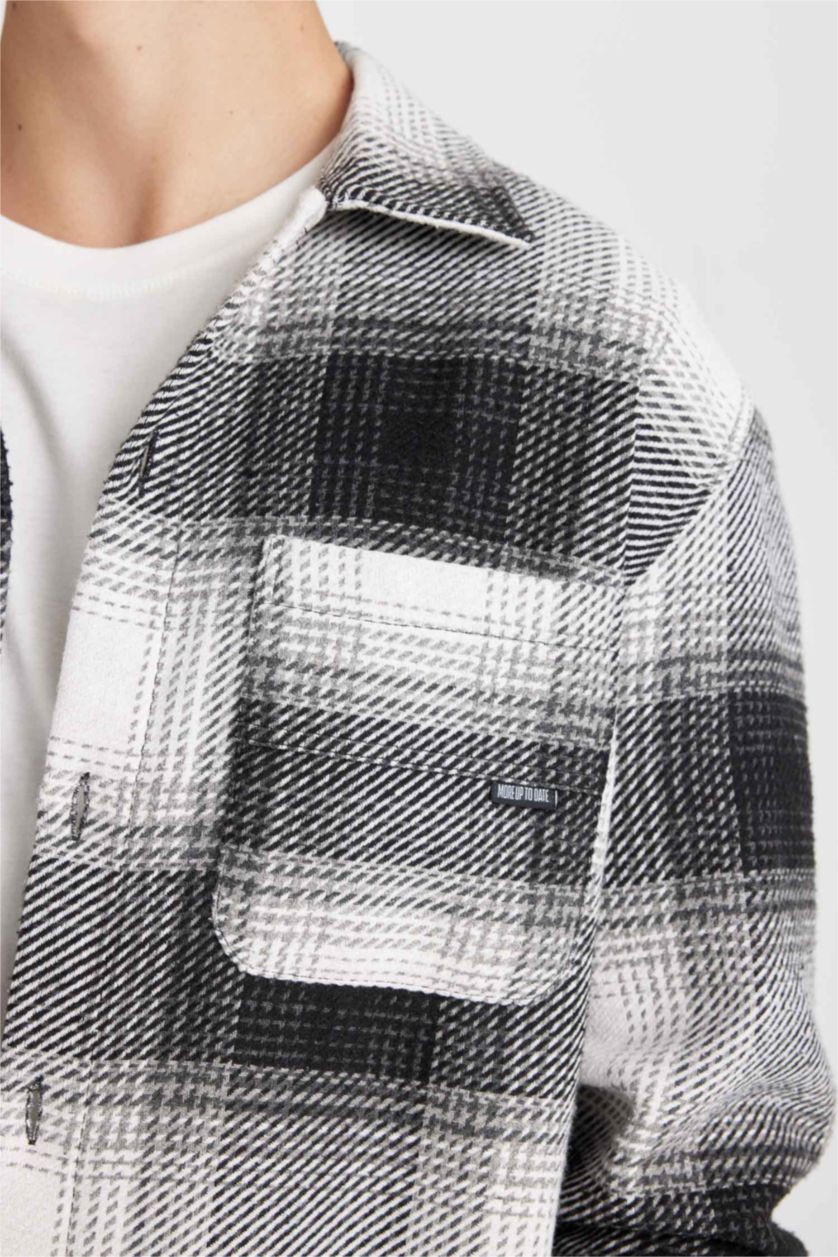 Erkek Siyah Siyah Relax Fit Polo Yaka Kareli Oduncu Flanel Uzun Kollu Gömlek Ceket