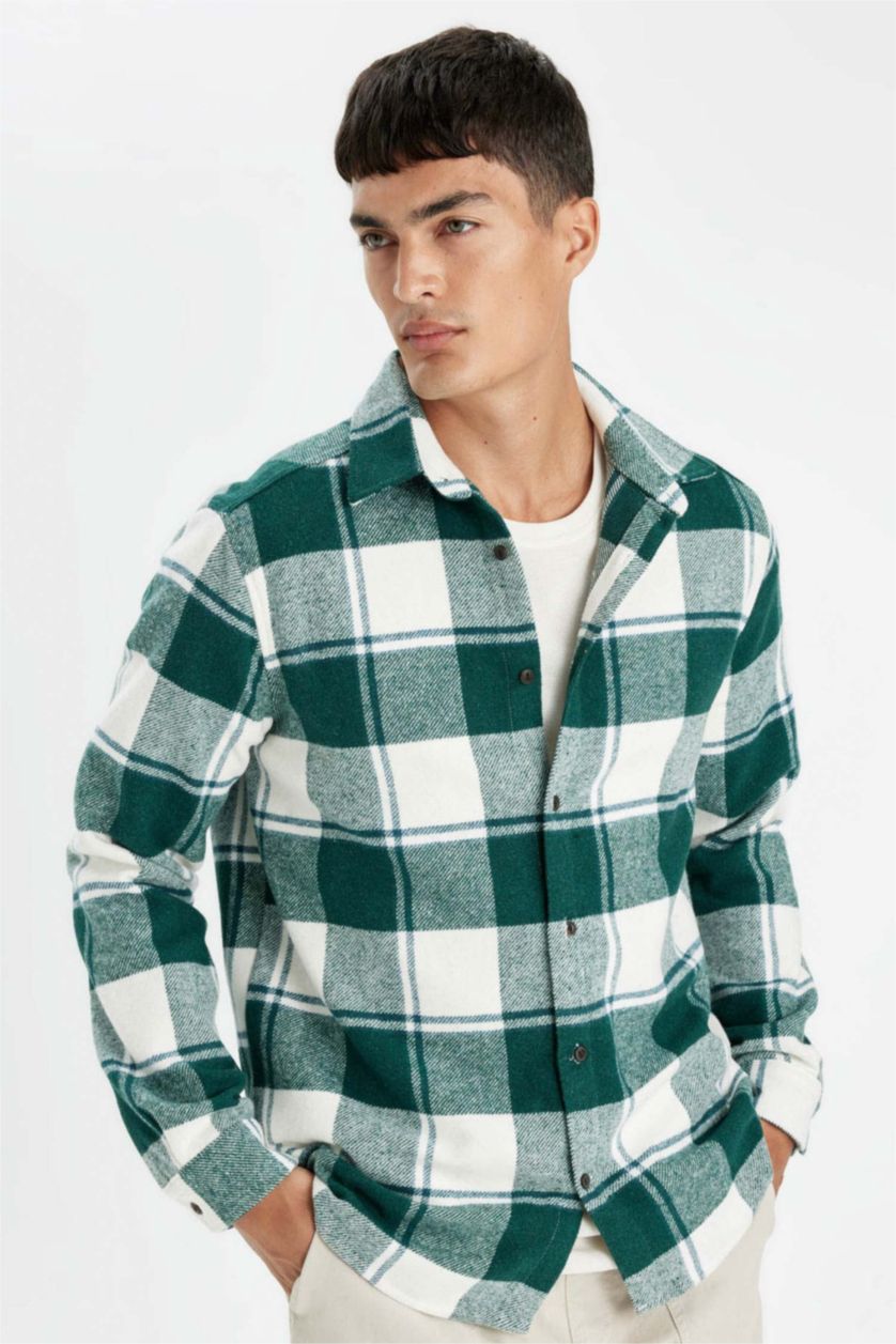 Erkek Yeşil Regular Fit Düğmeli Kareli Oduncu Flanel Uzun Kollu Gömlek