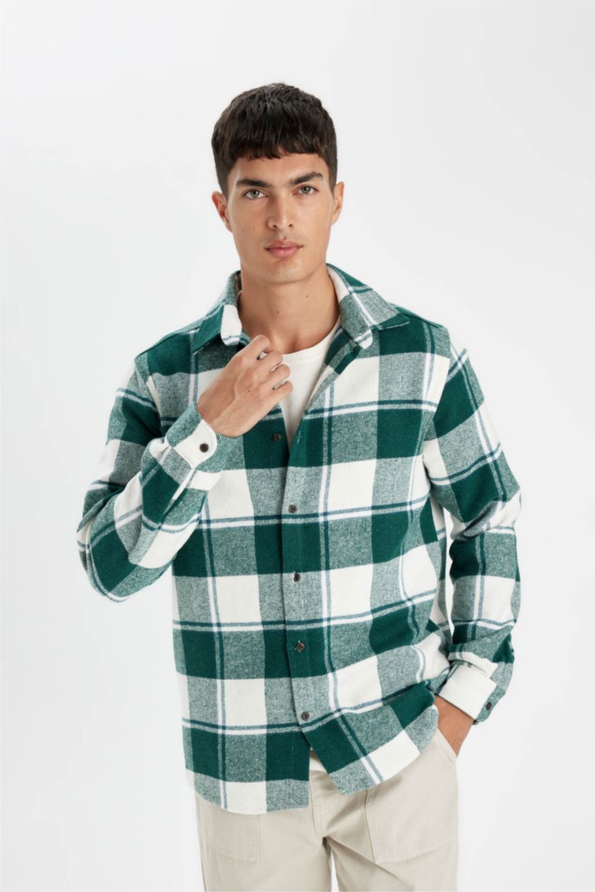 Erkek Yeşil Regular Fit Düğmeli Kareli Oduncu Flanel Uzun Kollu Gömlek