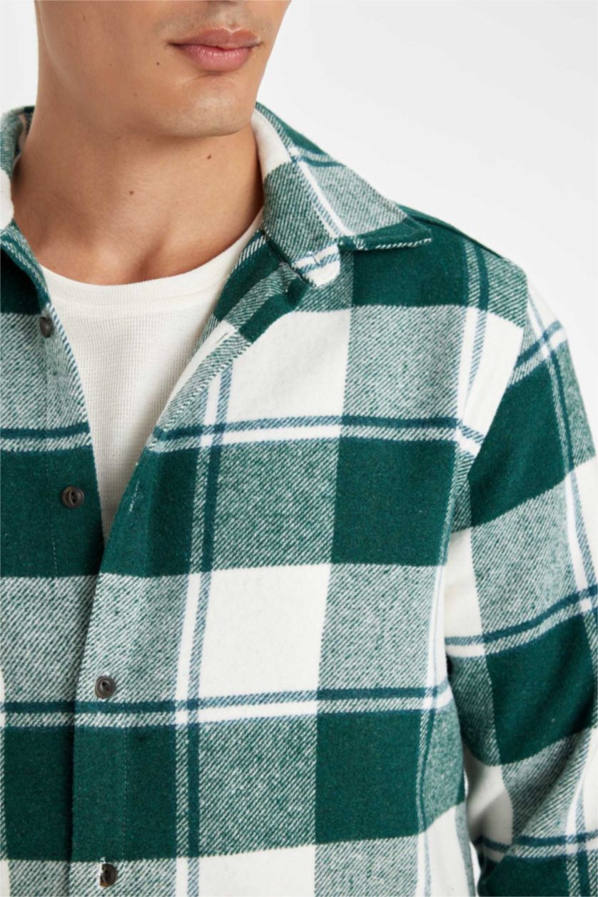 Erkek Yeşil Regular Fit Düğmeli Kareli Oduncu Flanel Uzun Kollu Gömlek