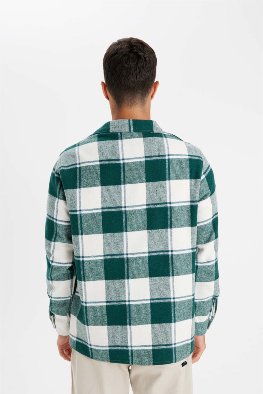 Erkek Yeşil Regular Fit Düğmeli Kareli Oduncu Flanel Uzun Kollu Gömlek