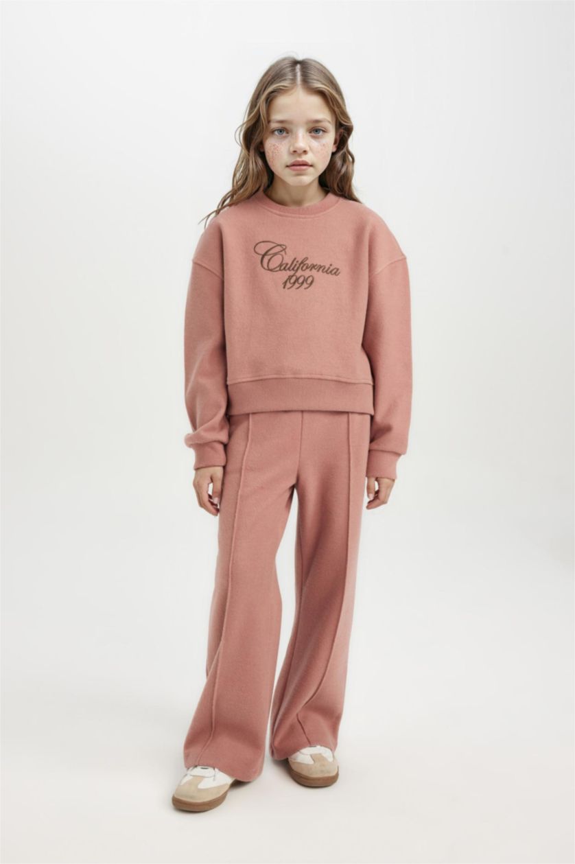 بنات وردي غامق سويت شيرت بطبعة شعار قصة عادية برقبة مستديرة