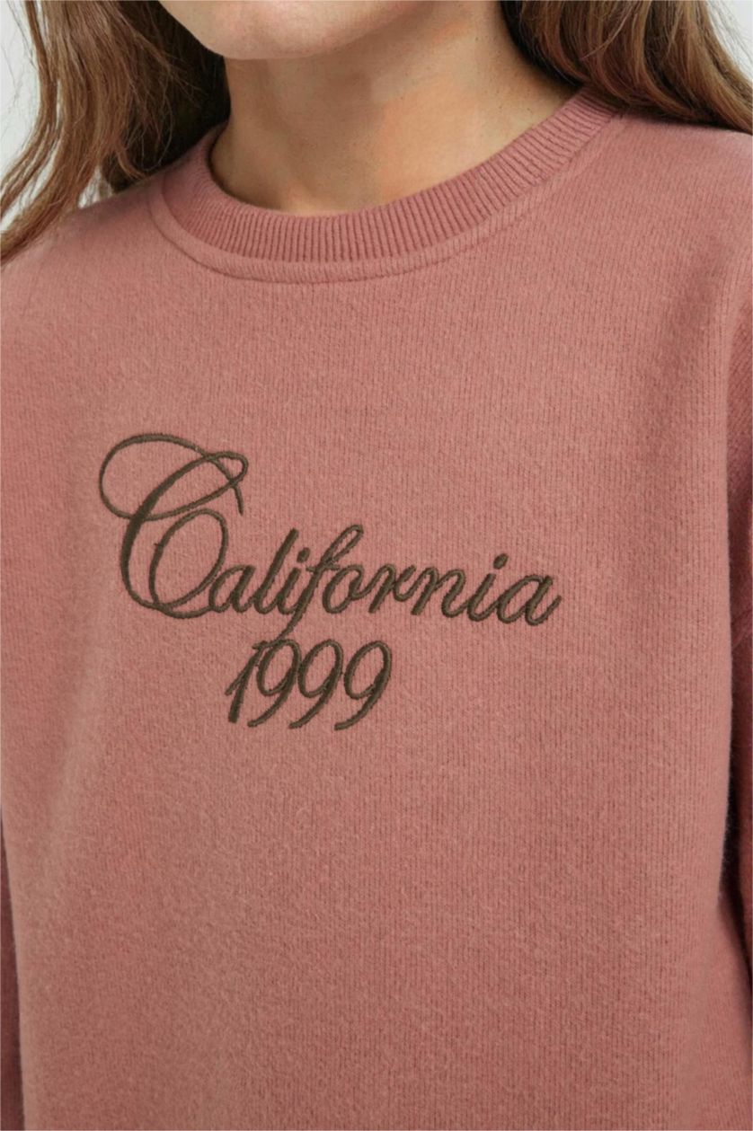 بنات وردي غامق سويت شيرت بطبعة شعار قصة عادية برقبة مستديرة