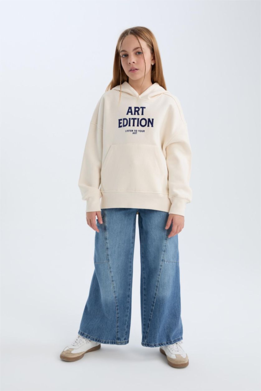 بناتي بيج فاتح سويت شيرت بناتي بطبعة شعار اوفر سايز ببطانة ناعمة