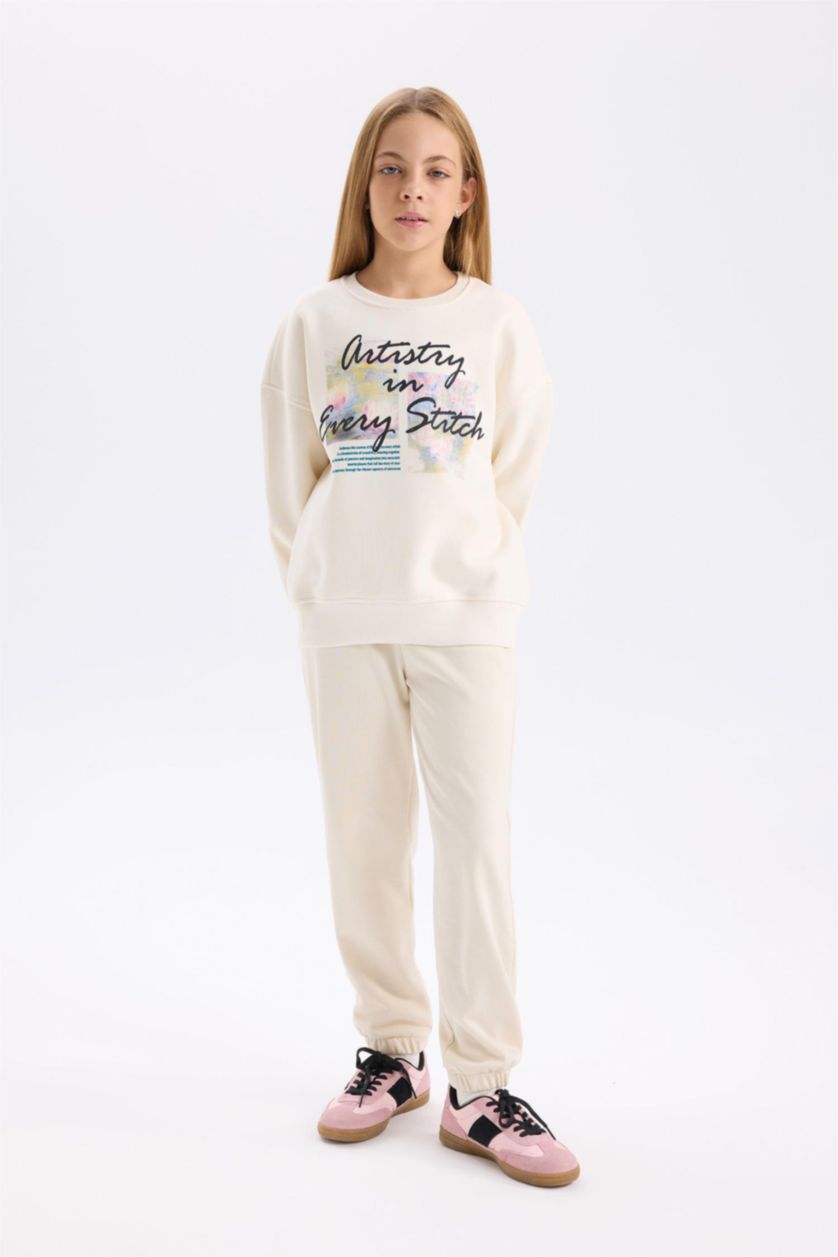 Kız Çocuk - Genç Kız Ekru Oversize Geniş Kalıp Bisiklet Yaka Baskılı İçi Yumuşak Tüylü Sweatshirt Kız Çocuk