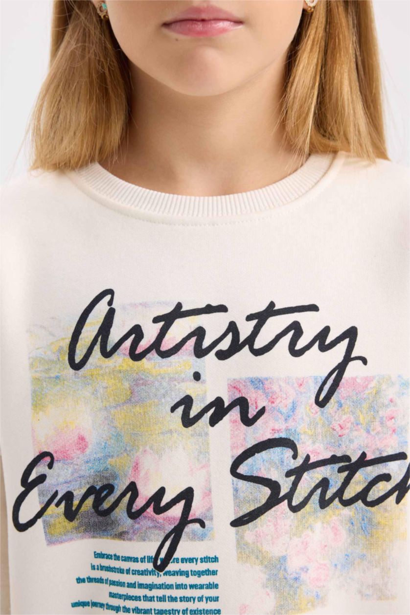 Kız Çocuk - Genç Kız Ekru Oversize Geniş Kalıp Bisiklet Yaka Baskılı İçi Yumuşak Tüylü Sweatshirt Kız Çocuk