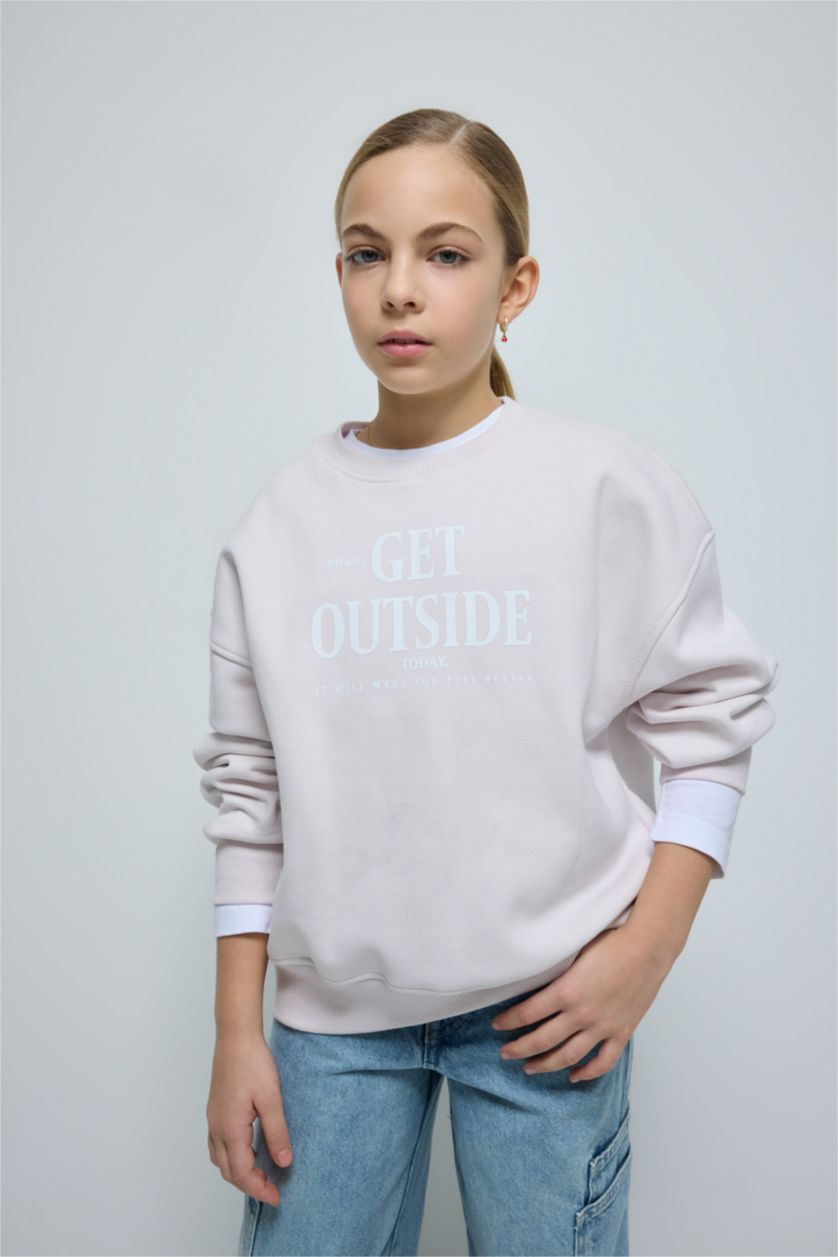 Kız Çocuk - Genç Kız Açık Pembe Oversize Geniş Kalıp Bisiklet Yaka Sırt Baskılı İçi Yumuşak Tüylü Sweatshirt Kız Çocuk