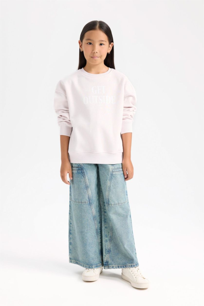 Kız Çocuk - Genç Kız Açık Pembe Oversize Geniş Kalıp Bisiklet Yaka Sırt Baskılı İçi Yumuşak Tüylü Sweatshirt Kız Çocuk