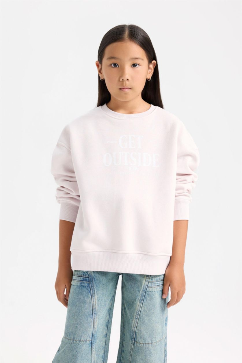 Kız Çocuk - Genç Kız Açık Pembe Oversize Geniş Kalıp Bisiklet Yaka Sırt Baskılı İçi Yumuşak Tüylü Sweatshirt Kız Çocuk