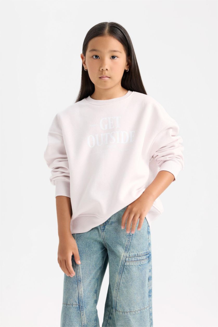 Kız Çocuk - Genç Kız Açık Pembe Oversize Geniş Kalıp Bisiklet Yaka Sırt Baskılı İçi Yumuşak Tüylü Sweatshirt Kız Çocuk