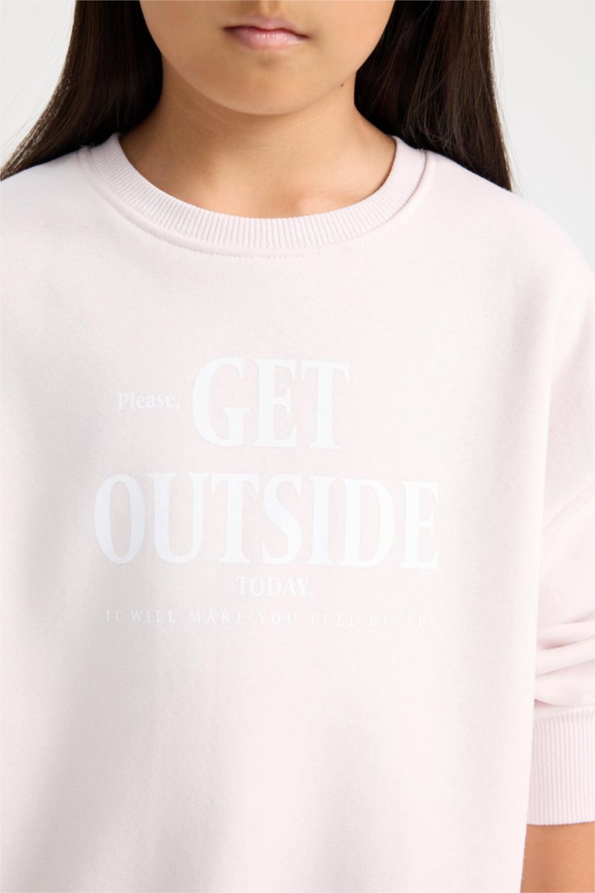 Kız Çocuk - Genç Kız Açık Pembe Oversize Geniş Kalıp Bisiklet Yaka Sırt Baskılı İçi Yumuşak Tüylü Sweatshirt Kız Çocuk