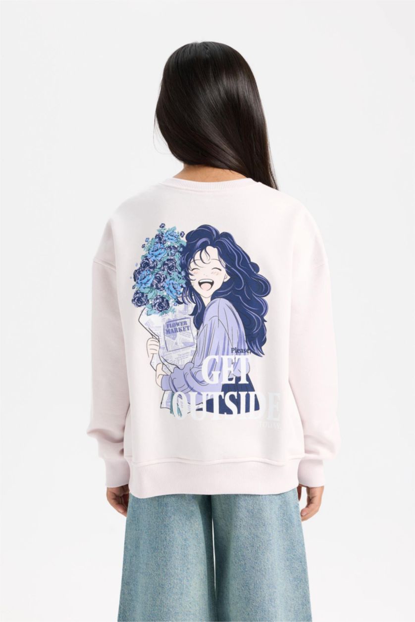 Kız Çocuk - Genç Kız Açık Pembe Oversize Geniş Kalıp Bisiklet Yaka Sırt Baskılı İçi Yumuşak Tüylü Sweatshirt Kız Çocuk