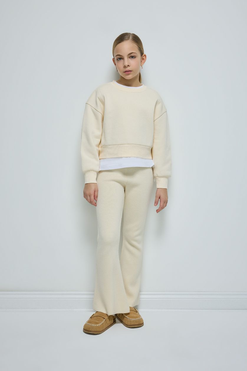 Kız Çocuk - Genç Kız Bej Relax Fit Bisiklet Yaka Basic Düz İçi Yumuşak Tüylü Sweatshirt Kız Çocuk